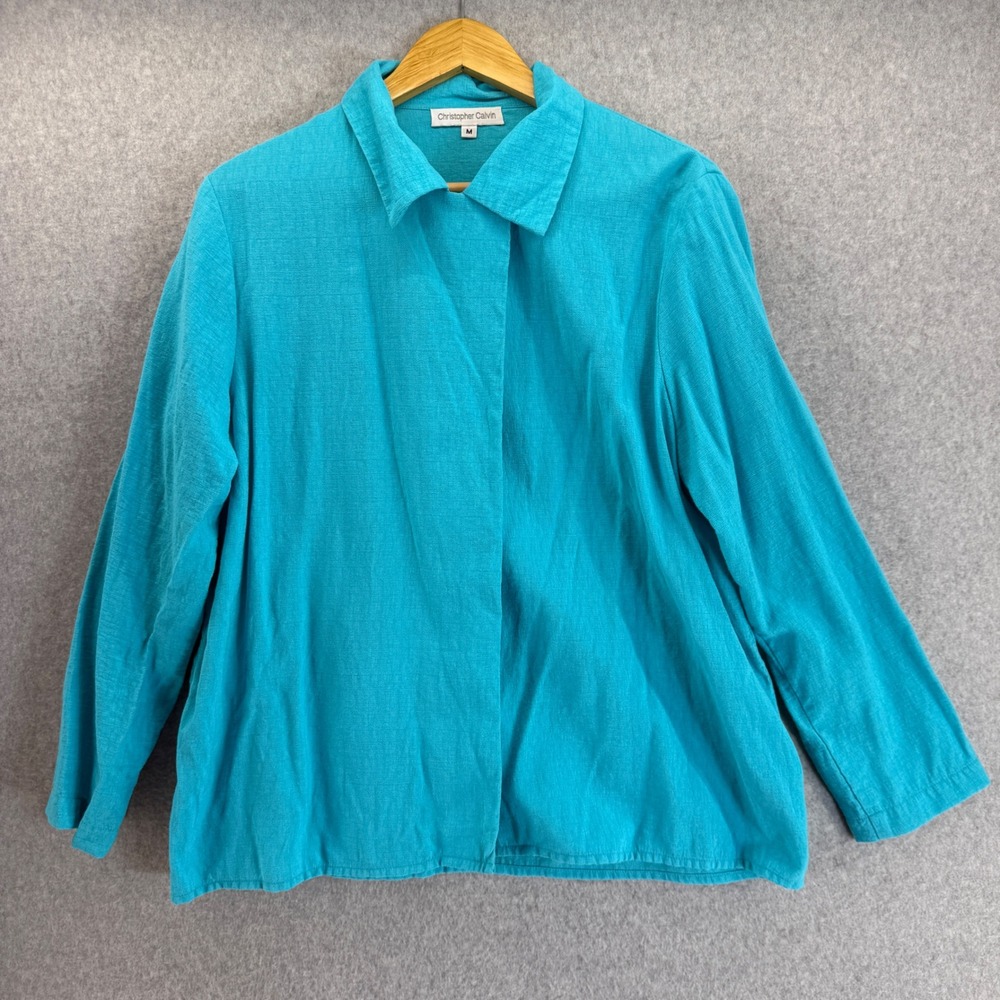 Christopher Calvin Button Collared Top Long Sleeve Blouse‎ Aqua Blue Size Medium